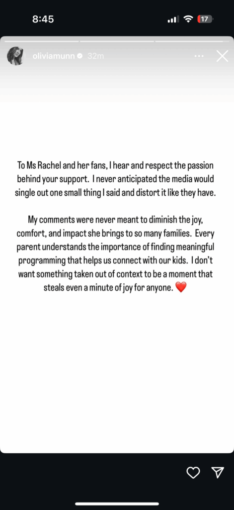 Olivia Munn speaks out after explaining why she doesn’t allow Ms. Rachel in her house