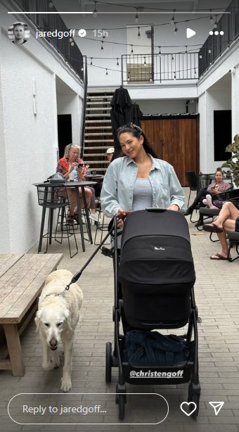 christen harper goff with baby and dog