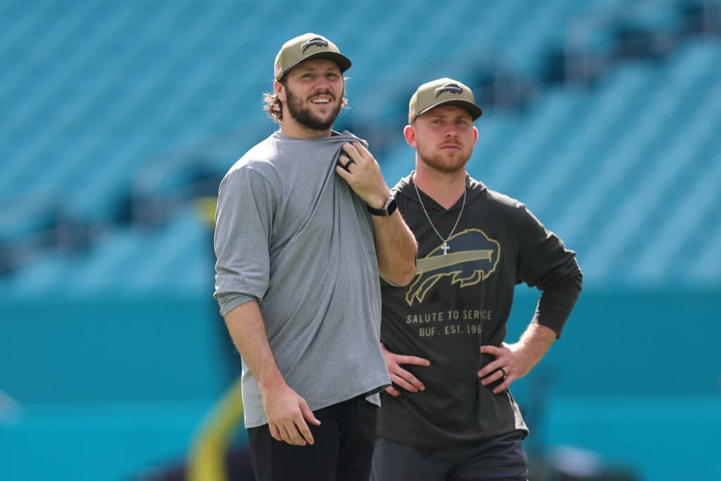 2245853253 MIAMI GARDENS, FLORIDA - NOVEMBER 09: Josh Allen #17 and offensive coordinator Joe Brady of the Buffalo Bills look on during warmups before the game against the Miami Dolphins at Hard Rock Stadium on November 09, 2025 in Miami Gardens, Florida. (Photo by Megan Briggs/Getty Images)