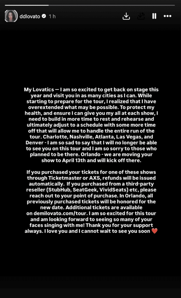 Demi Lovato Cancels Five Tour Dates, Citing Need to ‘Protect My Health’ 1 Demi Lovato/Instagram